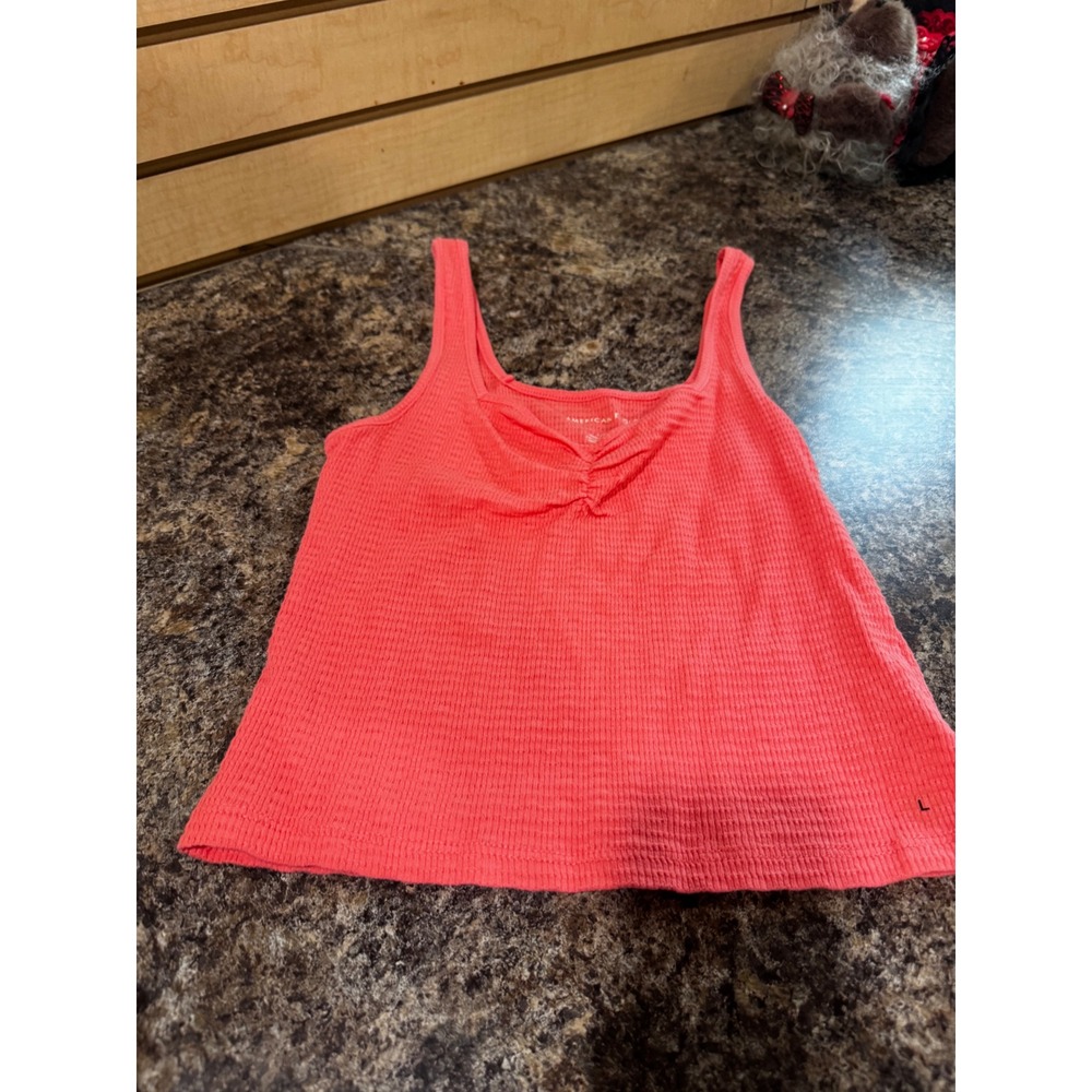 American Eagle Womens Coral Pink Waffle Knit Cinched Sweetheart Tank Top Large